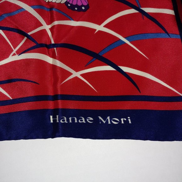 Hanae Mori Vintage Silk Butterfly Print Scarf Red Pink Blue - Picture 3 of 7